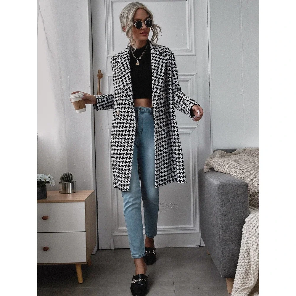 Lapel Collar Double Breasted Houndstooth plaid long pea Coat peacoat trench coat - Picture 3 of 5